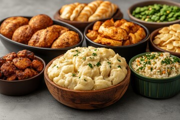 Fototapeta premium Bowls with tasty hummus and different snacks on table, closeup