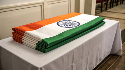 Folded indian flag placed on a white table for ceremony