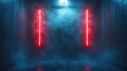 Fototapeta premium Neon red light streaks in a dimly lit corridor