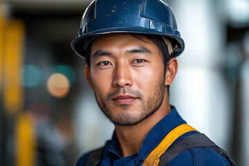 Man in blue hard hat looking at the camera closely