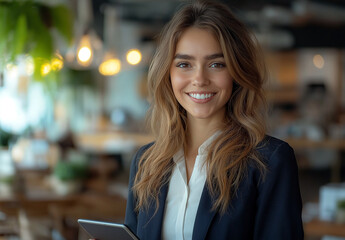 Fototapeta premium Portrait of smiling woman holding a tablet device