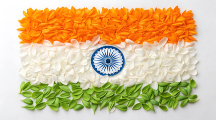 Indian flag made of flower petals isolated on white background