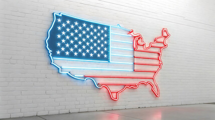 Neon united states map with american flag on white brick wall