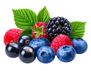 A vibrant pile of mixed berries with green leaves against a dark backdrop