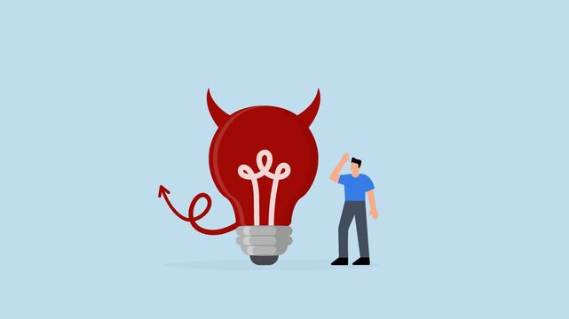 Bad idea cause problem and failure, perplexed entrepreneur staring at evil lightbulb questioning it a poor choice