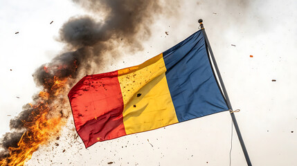 Romanian flag waving in front of a fire and smoke background