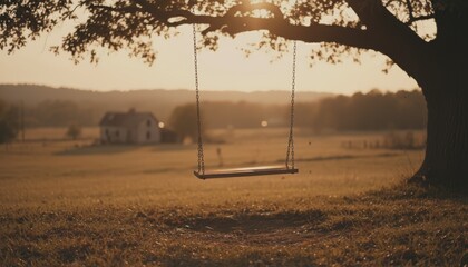 Empty wooden swing hanging from an old oak tree at sunset in a rural countryside landscape.
