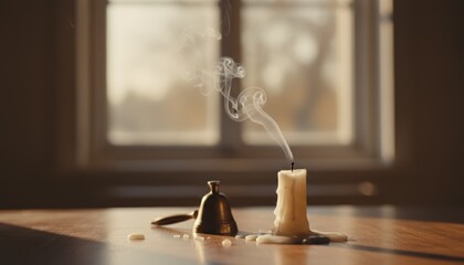Extinguished candle with a wisp of smoke and a brass bell on a wooden table by a window.