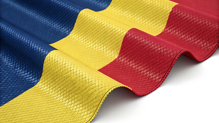 Romanian flag waving isolated on white background in studio shot