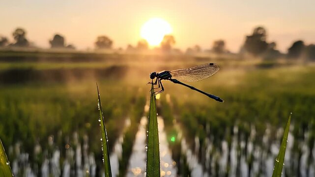 A dragonfly perched on grass with a stunning sunrise background