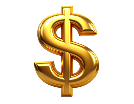  Shiny Golden Dollar Sign Upright 3D Render, Front View, Isolated on Transparent Background
