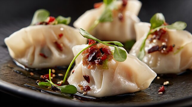 Korean mandu dumplings plated with Mediterranean olive garnish