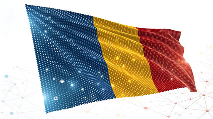 Digital rendering of the flag of romania waving on white background