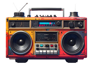 Colorful boombox with antennas and dials. Vibrant and weathered, it has two speakers and a handle
