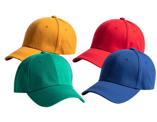 Colorful baseball caps in yellow, red, green, and blue, arranged on a black background