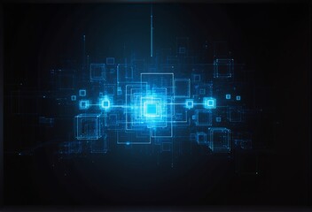 A futuristic digital network of glowing blue squares and lines against a dark background, symbolizing data connectivity, technology, or cyber infrastructure.