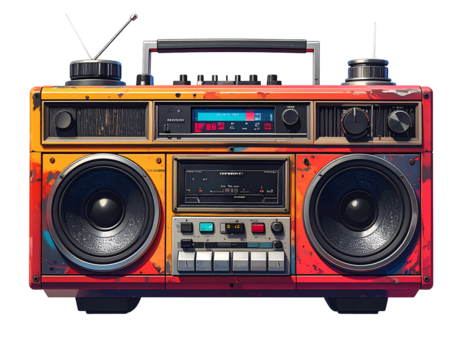 Colorful boombox with antennas and dials. Vibrant and weathered, it has two speakers and a handle