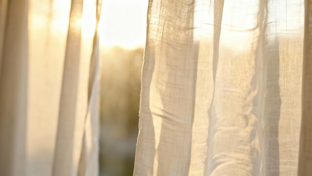 Golden morning sunlight streaming through sheer linen window curtains, creating a warm and peaceful glow.