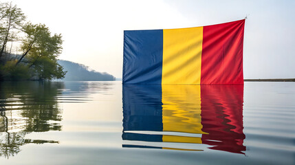 Romanian flag standing in the water reflecting the colors of the flag