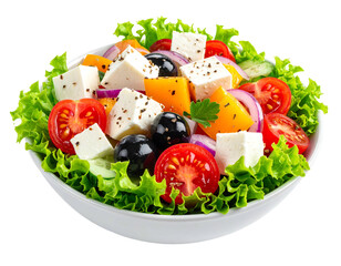 A vibrant salad in a white bowl featuring lettuce, tomatoes, feta, olives, onions and peppers on a black backdrop