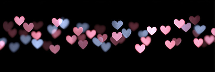 Romantic pink and blue heart bokeh lights shining on black background. beautiful abstract concept of love and romance, creating dreamy and gentle feeling for Valentine