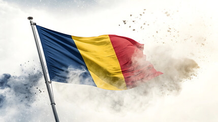 Romanian flag disintegrating into dust against a bright sky