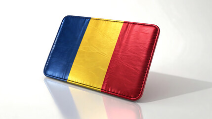 Romanian flag on a leather pillow isolated on white background
