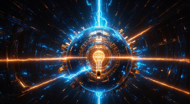 A futuristic, cybernetic sphere pulses with blue and orange energy, surrounded by a tunnel of glowing circuitry and lightning boltssymbolizing advanced technology or cosmic power.