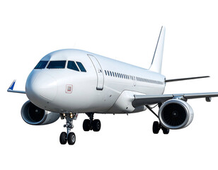A white passenger aircraft with twin engines sits against a stark black background