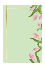 Elegant light green vector card with gold frame and tulips, featuring blank space for your own design or text. Perfect for wedding invitations, spring greetings, or floral stationery.