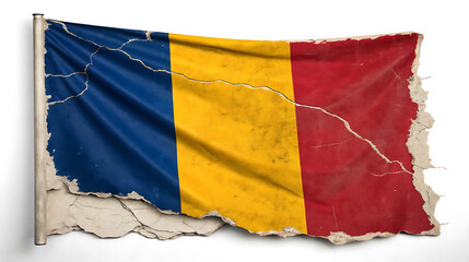 Worn and cracked romanian flag isolated on white background