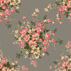 Seamless floral pattern, classic flower ornament, abstract ditsy print in vintage motif. Elegant botanical design of beautiful large wild flowers, leaves, small branches, herbs. Vector illustration.	
