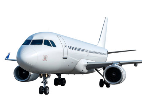 A white passenger aircraft with twin engines sits against a stark black background