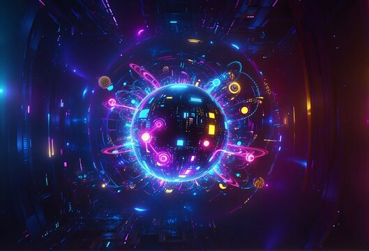 A futuristic, neon-lit digital sphere pulsates at the center of a glowing cybernetic tunnel, surrounded by swirling data streams and radiant holographic rings in vibrant blues, purples, and pinksevoki - Powered by Adobe