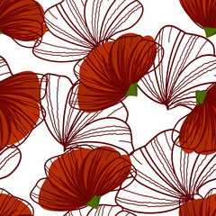 Floral pattern on a white background with red poppies and with a poppy outline. For coloring fabric, wallpaper, wrapping paper and much more.
