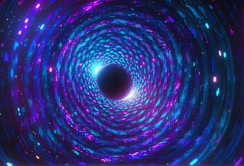 A mesmerizing digital tunnel spirals into a glowing vortex, pulsing with vibrant neon blues and purplesevoking futuristic data streams or cosmic energy flows.