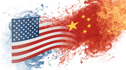Usa and china flag with smoke and fire on white background