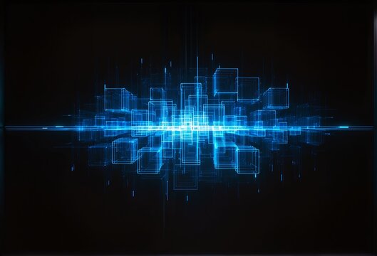 A futuristic digital landscape of glowing blue cubes and lines against a dark background, evoking themes of technology, data, or virtual architecture.