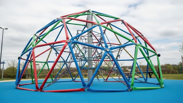 Colorful Geometric Dome Climber on Bright Blue Playground Surface