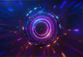 A futuristic, glowing digital vortex with concentric rings of neon blue, purple, and orange light radiating outward against a dark cosmic background  evoking data flow, cybernetic energy, or a portal 