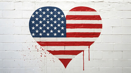 American flag heart painted on a brick wall for independence day