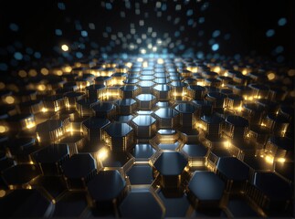 A futuristic, glowing honeycomb lattice of golden hexagons against a dark background, with light particles floating in the distance  evoking advanced technology or molecular structure.