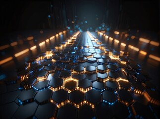 A futuristic, hexagonal grid glows with warm orange and cool blue lights, creating a sleek digital pathway in a dark, immersive spaceevoking advanced technology or cybernetic architecture.