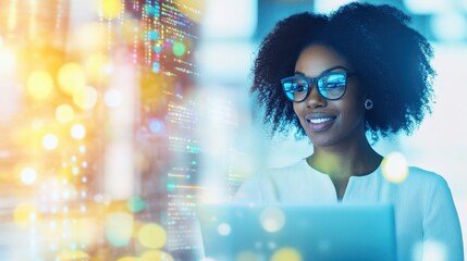 Smart Woman Embracing Technology: A confident woman with glasses, engaged with a laptop, represents the fusion of intellect and technology. Her focused expression suggests innovation. 