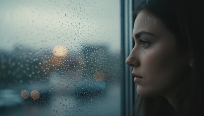 Pensive young woman gazes through a window covered in raindrops on a gloomy day.