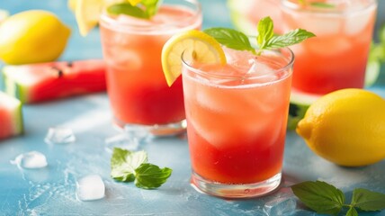 Refreshing Watermelon Lemonade: A chilled glass of vibrant watermelon lemonade, garnished with a sprig of mint and a lemon slice, offers a cool respite.