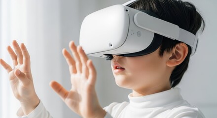 Immersive World: A young child explores a virtual reality, his hands outstretched in wonder as he interacts with the digital world.