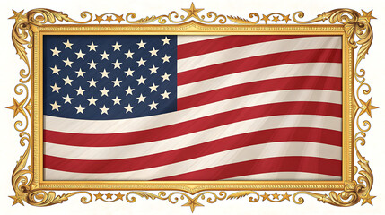 American flag in ornate gold frame isolated on white background