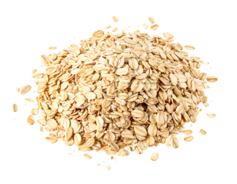 Heap of rolled oats against a black background, top-down view, showing texture and varied shapes
