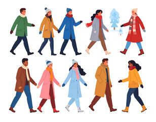Colorful group of people in winter coats walking, some holding hands, with a small stylized blue tree